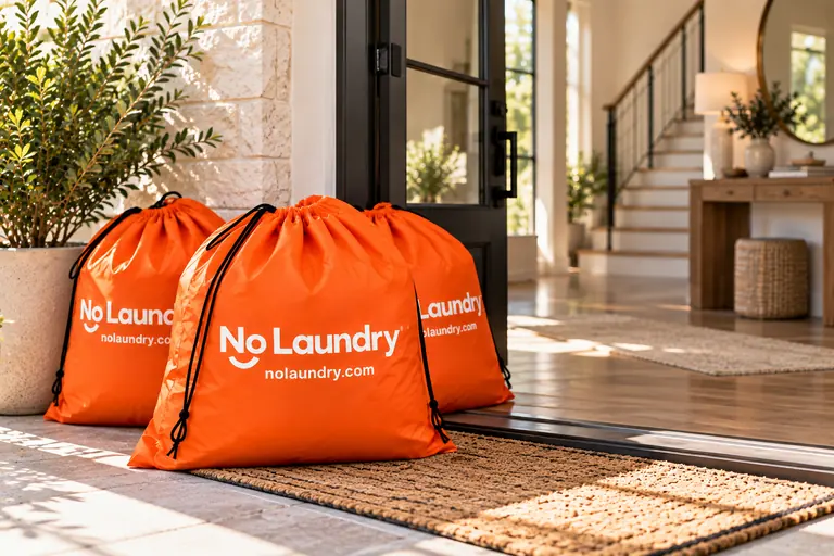 A NoLaundry driver in a black polo carries an orange laundry bag along a sidewalk
