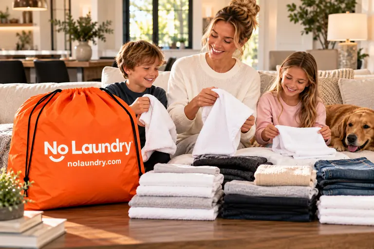 A driver in a black NoLaundry polo hands an orange NoLaundry bag to a customer at her door
