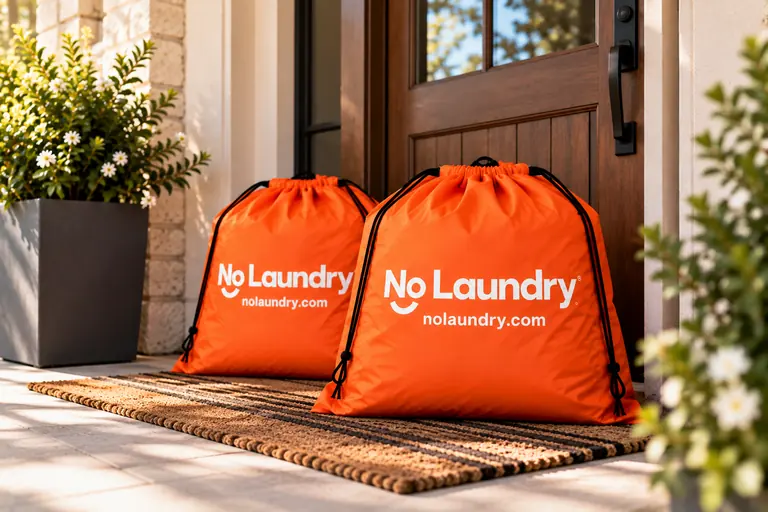 Two orange NoLaundry bags waiting on a front porch mat