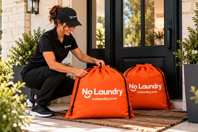 A driver in a black NoLaundry polo places two orange bags at a front door
