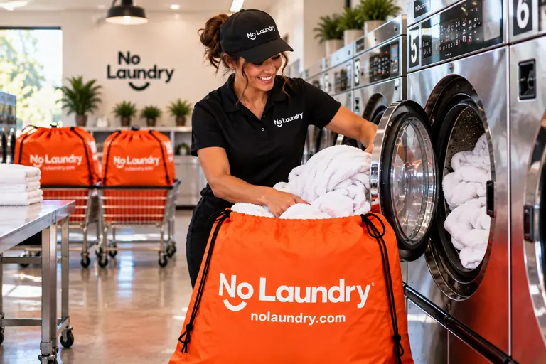 A NoLaundry attendant loads white towels from an orange bag into a washer