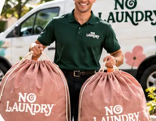 A NoLaundry driver carries two pink NoLaundry bags from the van
